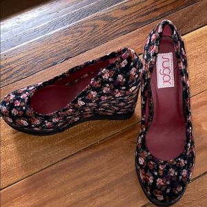 Floral wedge heel velvet material